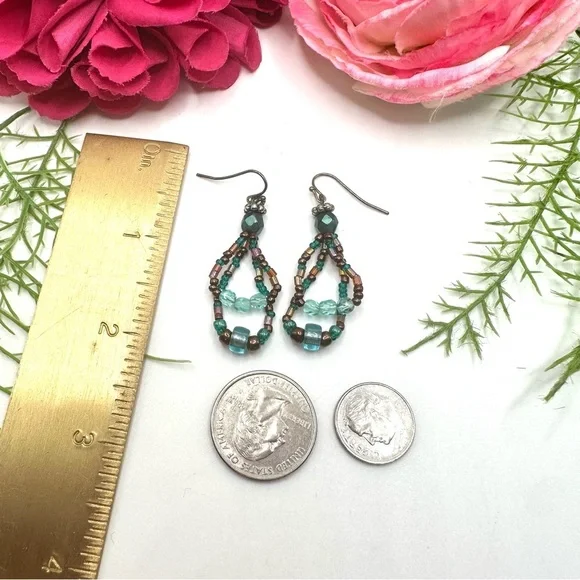 VINTAGE⚜️Teal Glass Crystal Beaded Droplet Earrings - Picture 4 of 4